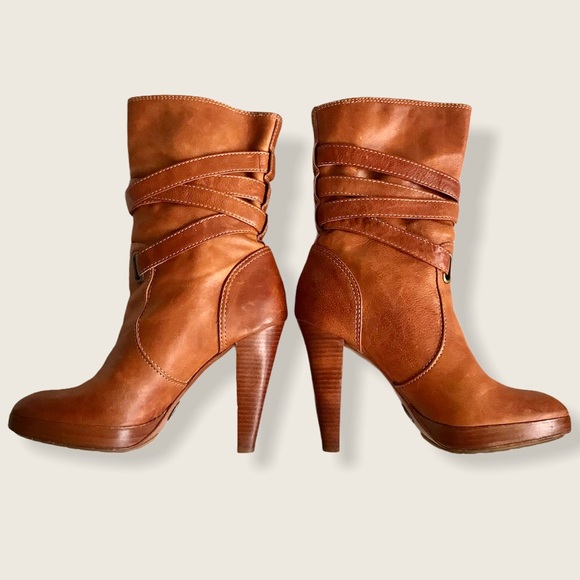 Frye Harlow Multi-Strap Cognac Cute Stiletto Boots - Picture 5 of 15